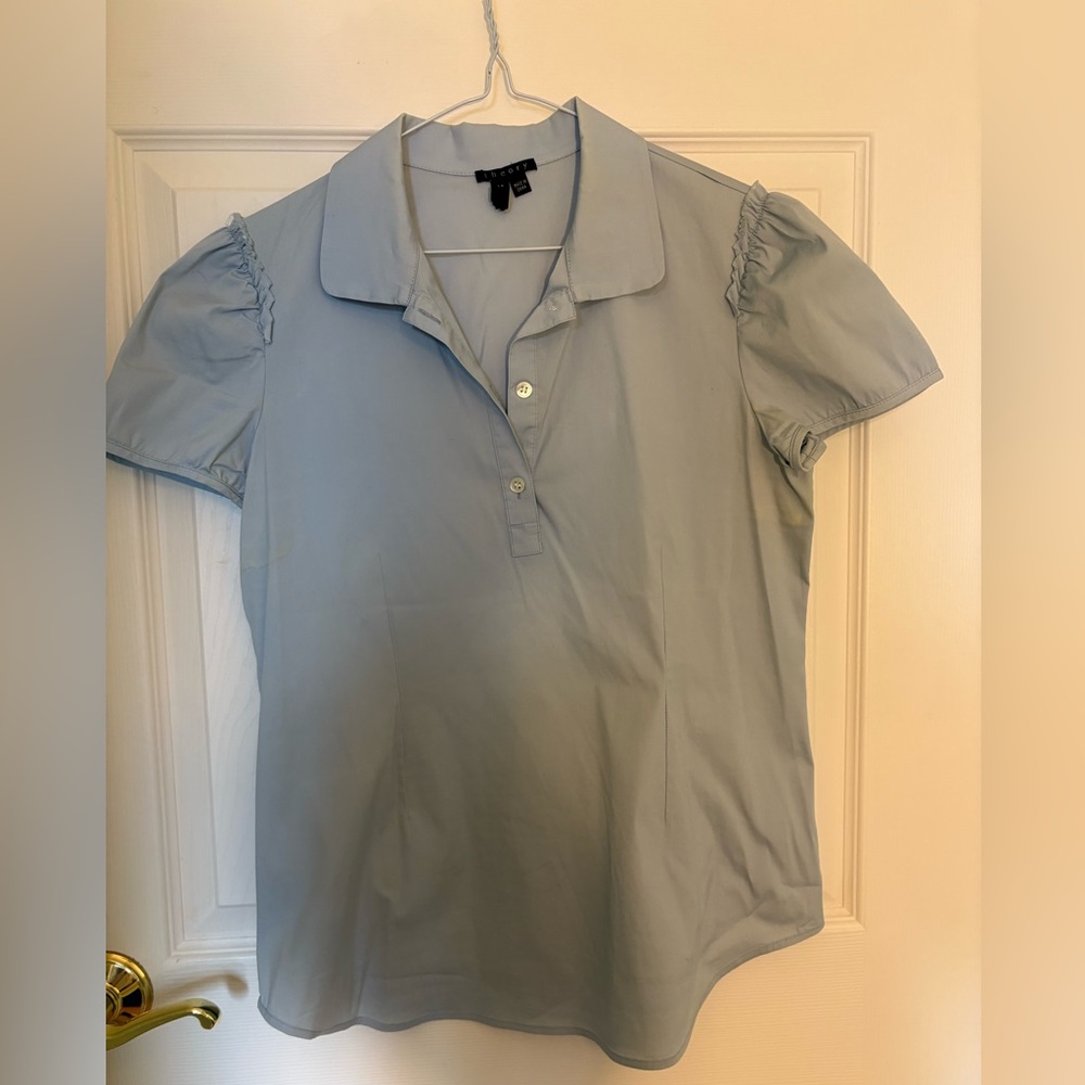 Light Blue Summery Collared T-Shirt Blouse with Ruffled Sleeves